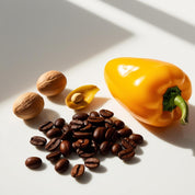 Coffee beans, mango and walnut representing the olfactory notes of the perfume.