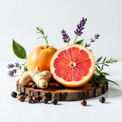 Grapefruit, ginger and lavender on a wooden trunk representing the olfactory notes of the perfume.