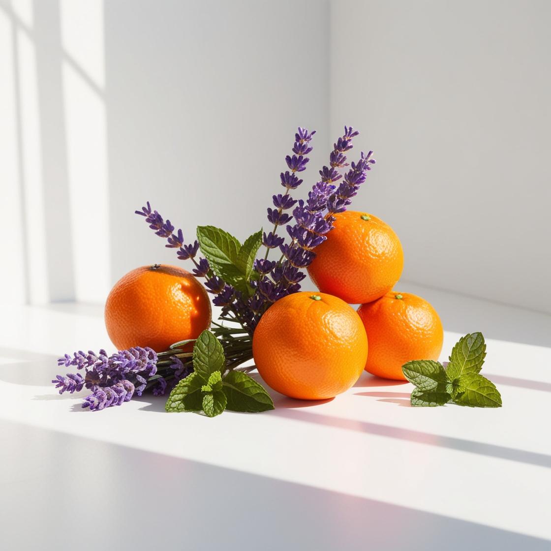 Orange, lavender and mint represent the olfactory notes of the perfume.