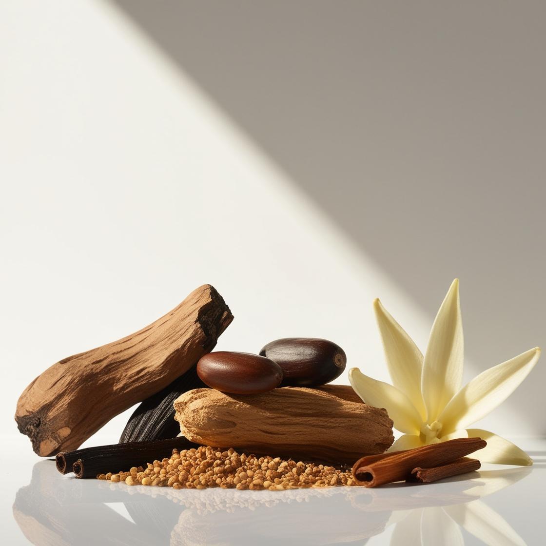 Wood, vanilla and tonka bean represent the olfactory notes of the perfume.