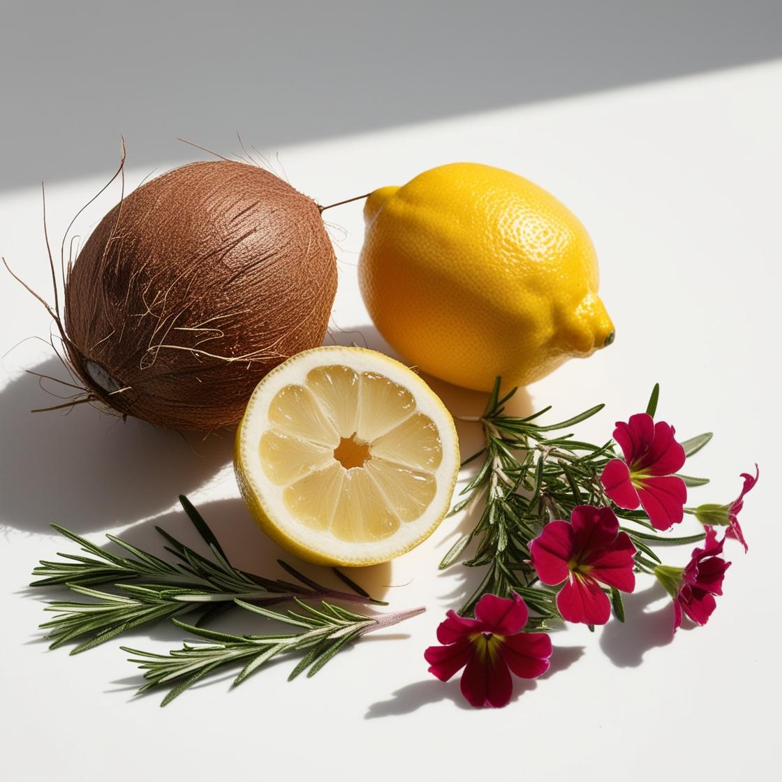 Lemon, coconut, geranium and rosemary represent the olfactory notes of the perfume.