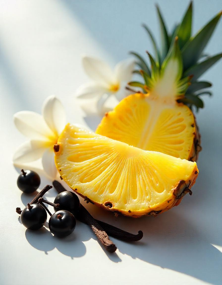 Pineapple, blackcurrant and vanilla represent the olfactory notes of the perfume.