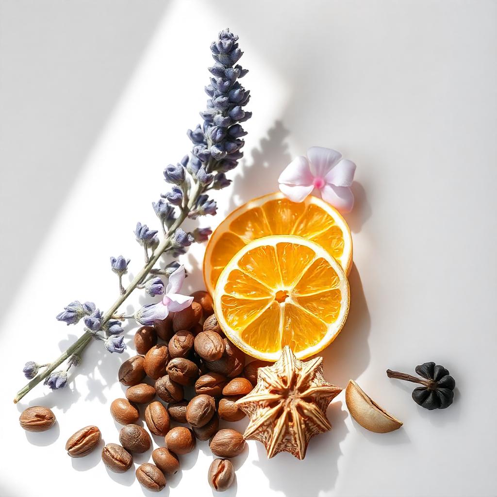 Mandarin, lavender and coffee beans represent the olfactory notes of the perfume.