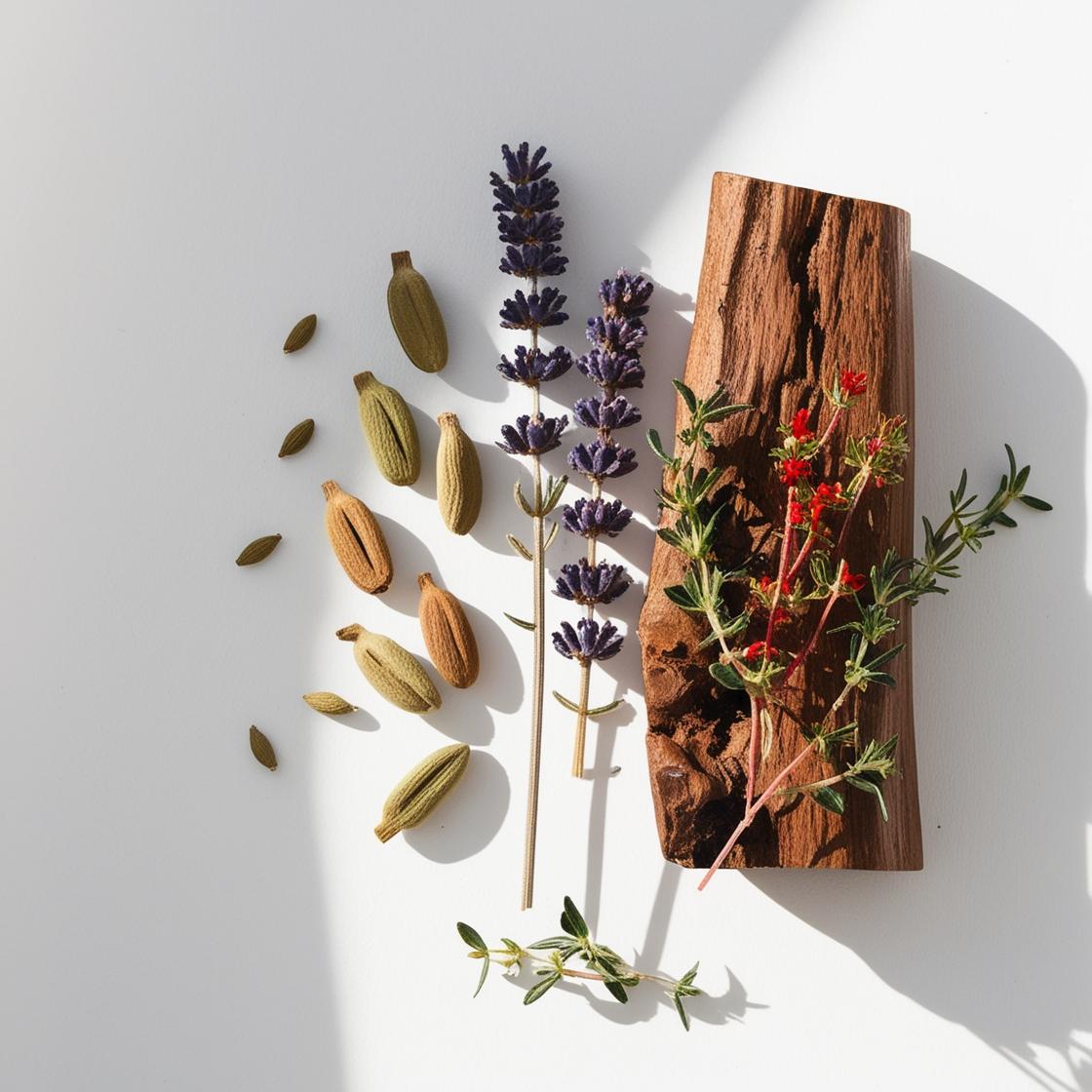 Red thyme, lavender and wood represent the olfactory notes of the perfume.