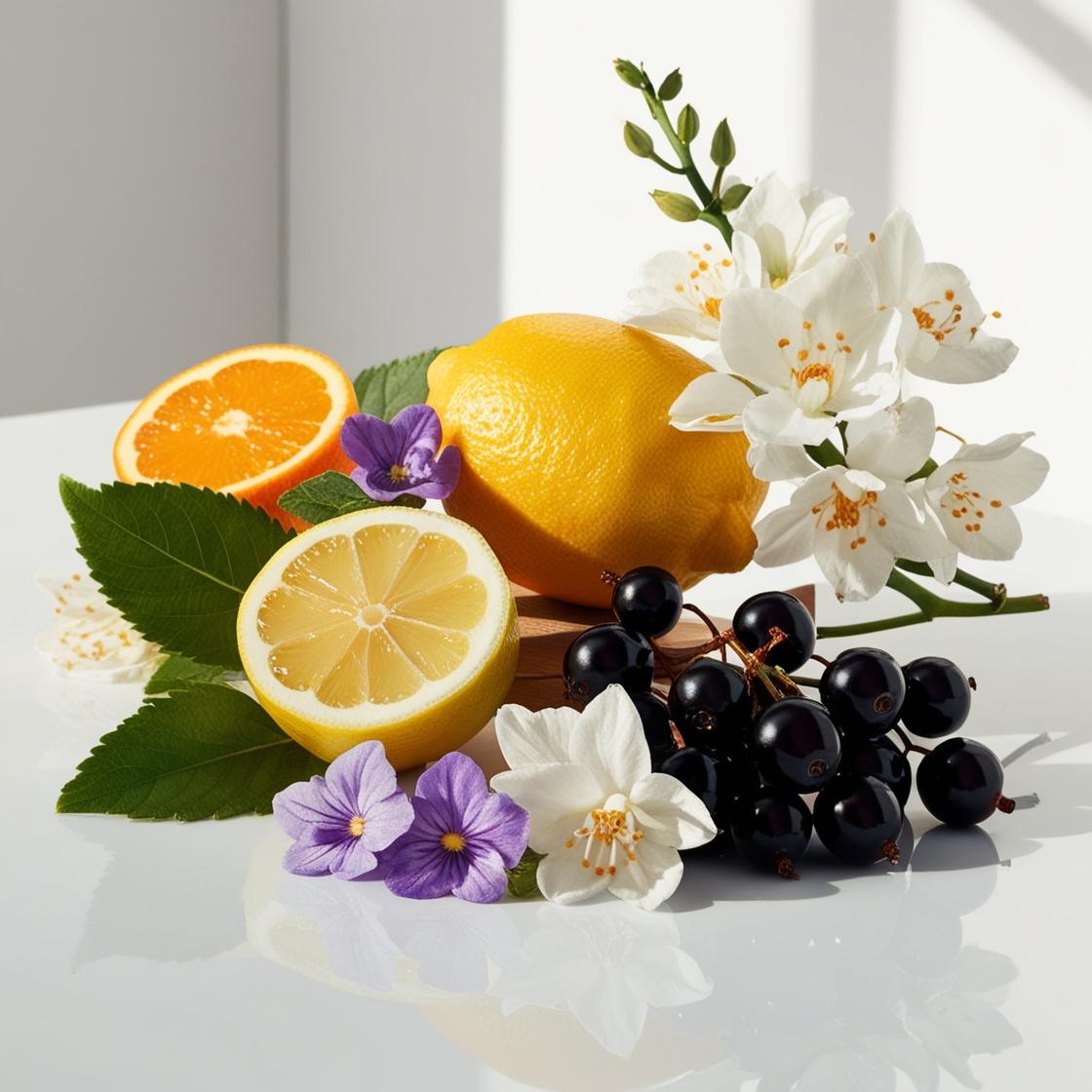 Lemon, orange blossom and blackcurrant represent the olfactory notes of the perfume.