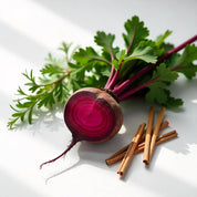 Beet and incense representing the olfactory notes of the perfume.