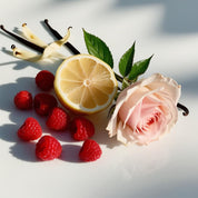 Lemon, raspberry and rose represent the olfactory notes of the perfume.