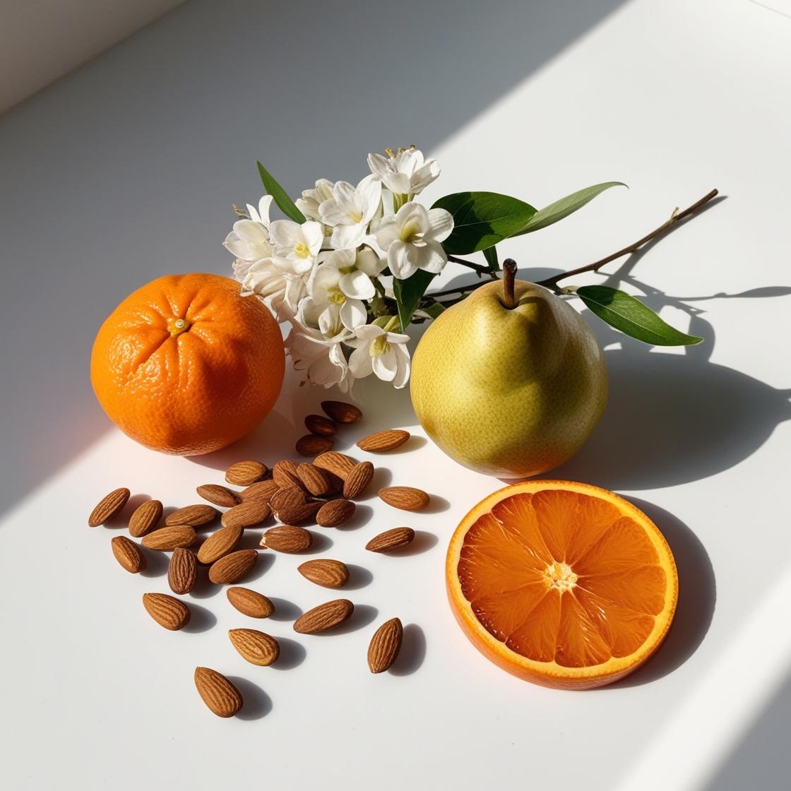 Clementine, pear, jasmine and almond represent the olfactory notes of the perfume.