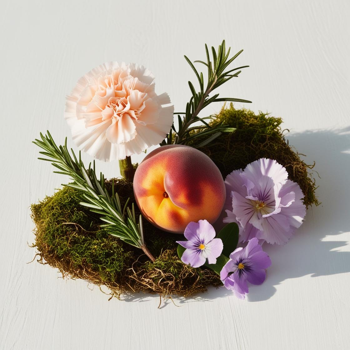 Peach, carnation, rosemary and moss represent the olfactory notes of the perfume.