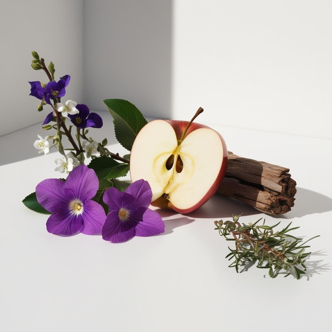 Apple, violet and cedar representing the olfactory notes of the perfume.