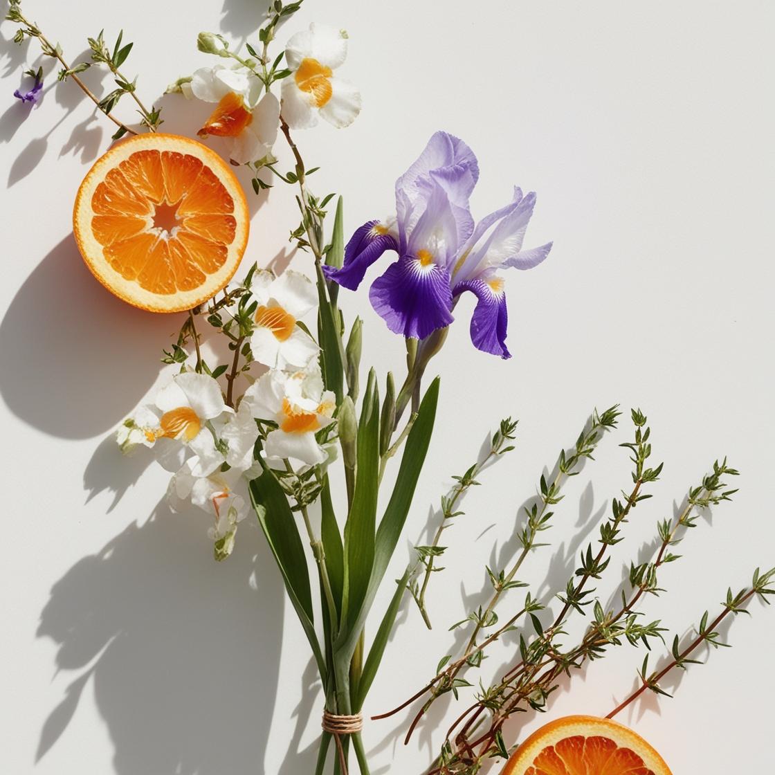 Orange blossom, iris flower and thyme represent the olfactory notes of the perfume.