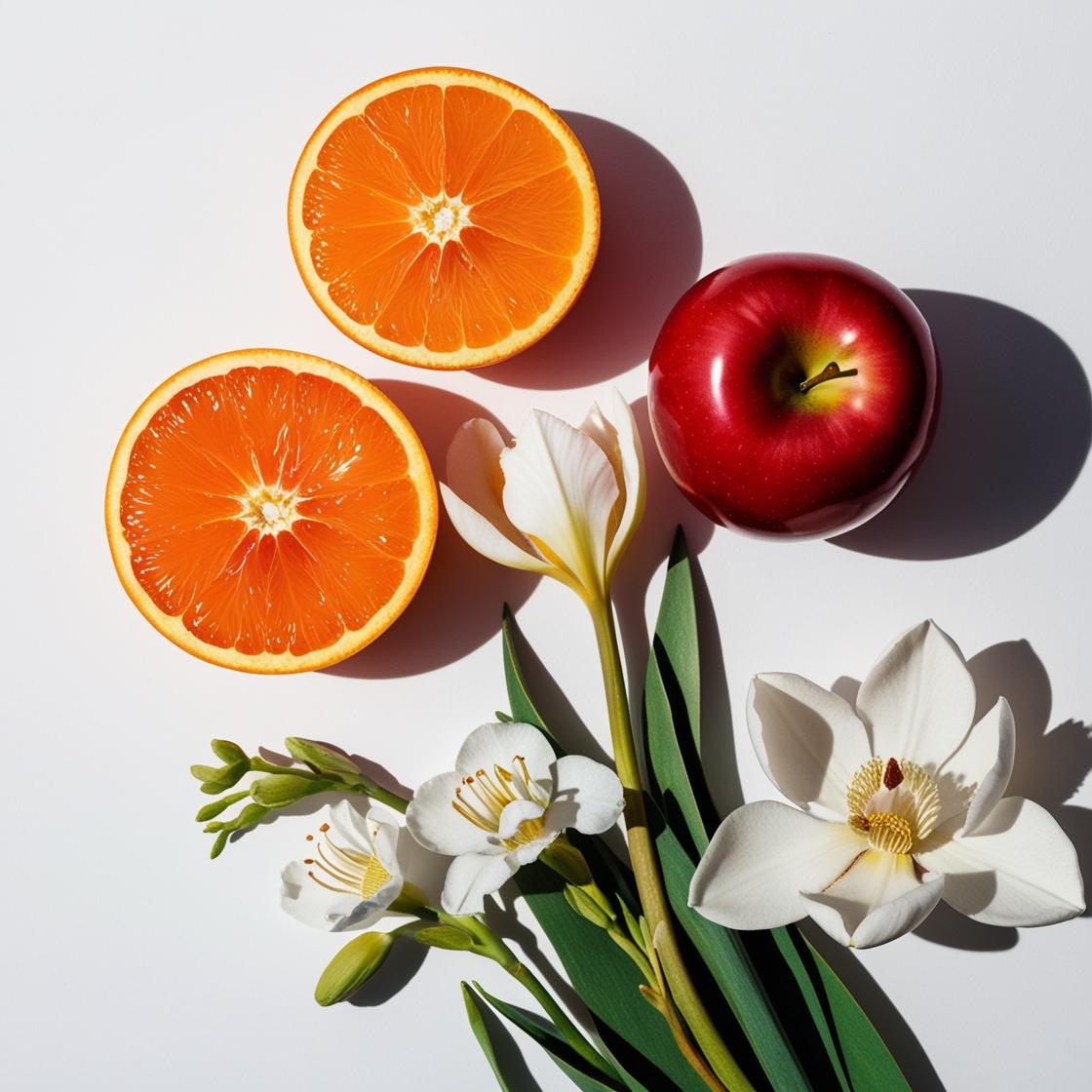 Mandarin, iris flower and red apple represent the olfactory notes of the perfume.