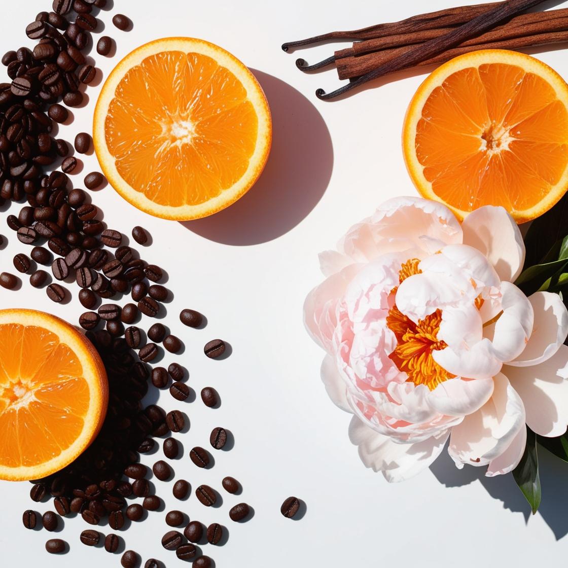 Mandarin, peony and coffee beans represent the olfactory notes of the perfume.