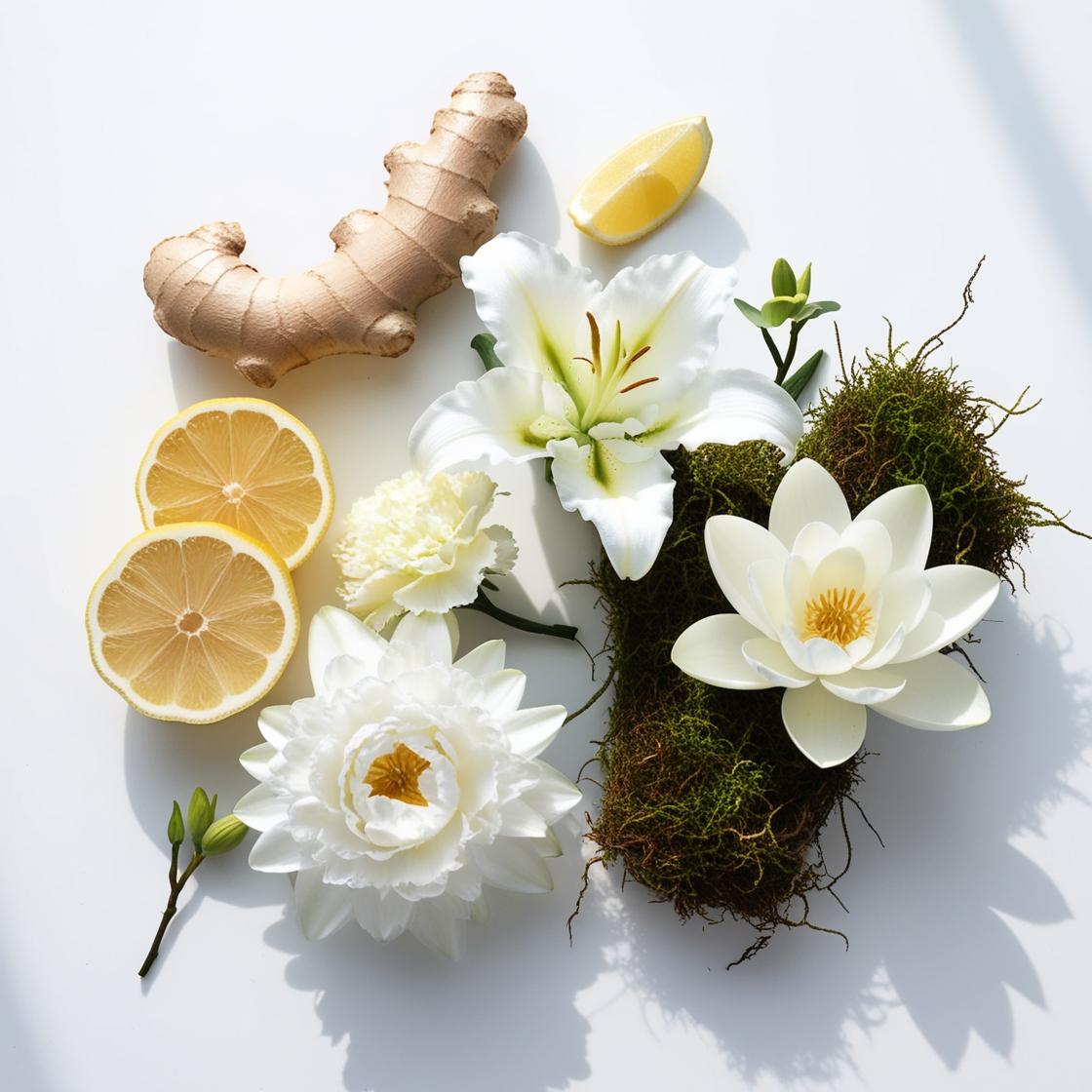 Ginger, lemon, lily and moss represent the olfactory notes of the perfume.