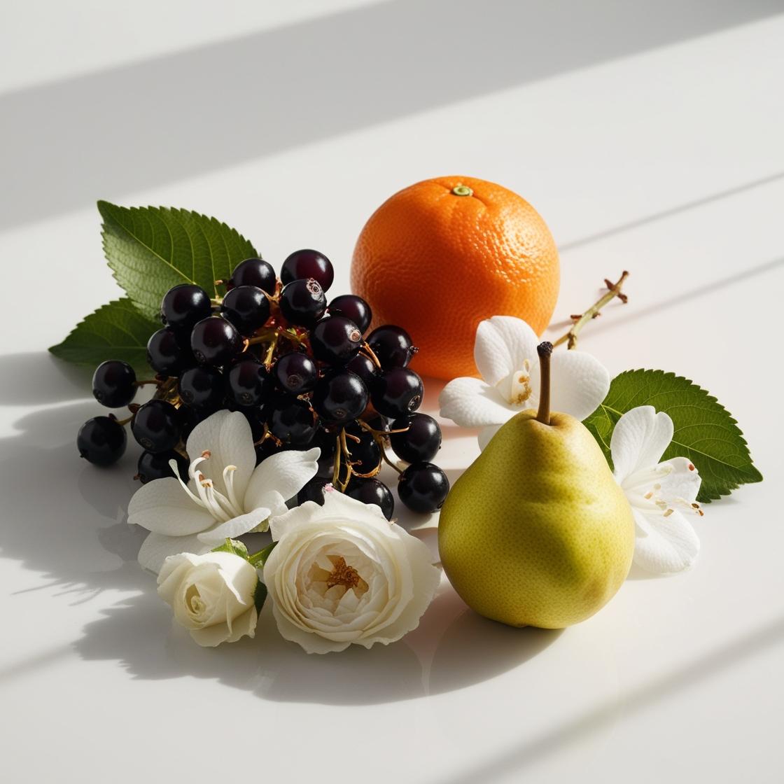 Orange, pear, blackcurrant and rose represent the olfactory notes of the perfume.