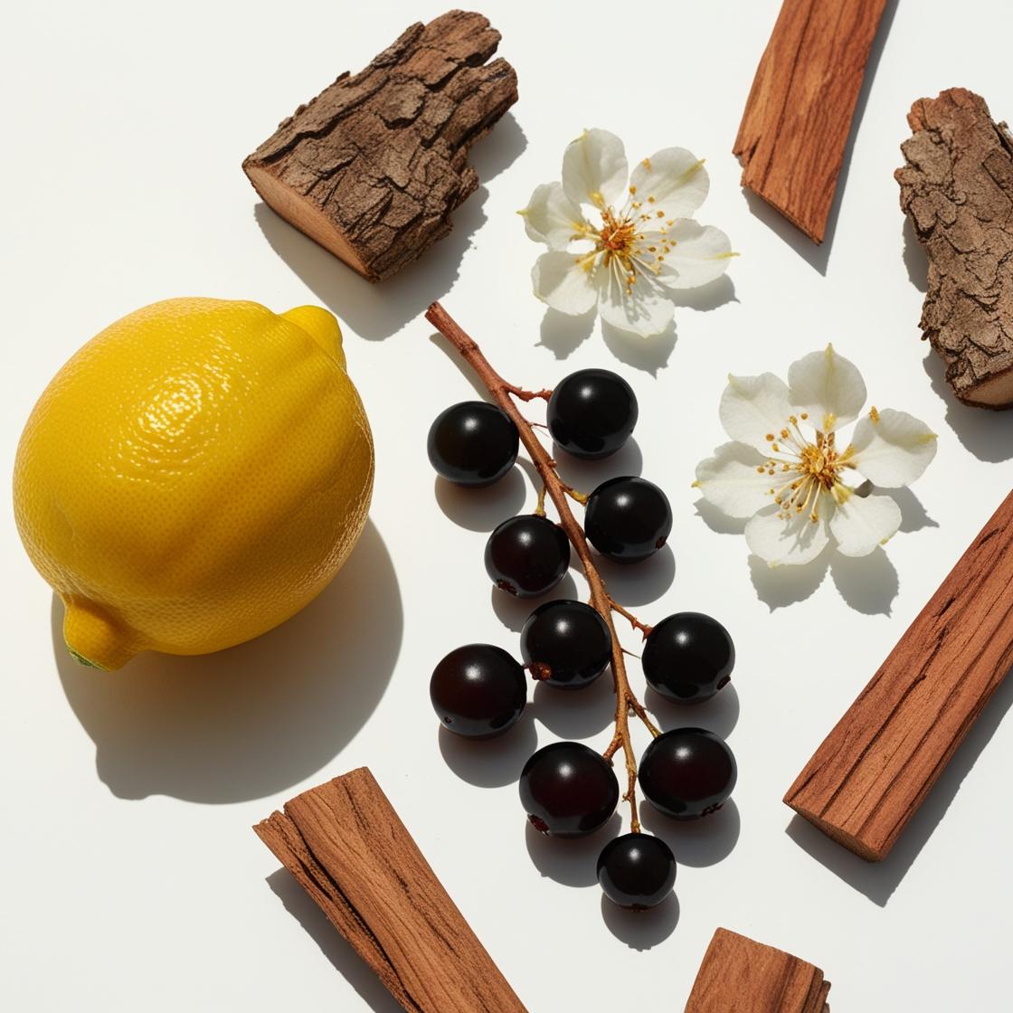 Lemon, wood and blackcurrant represent the olfactory notes of the perfume.