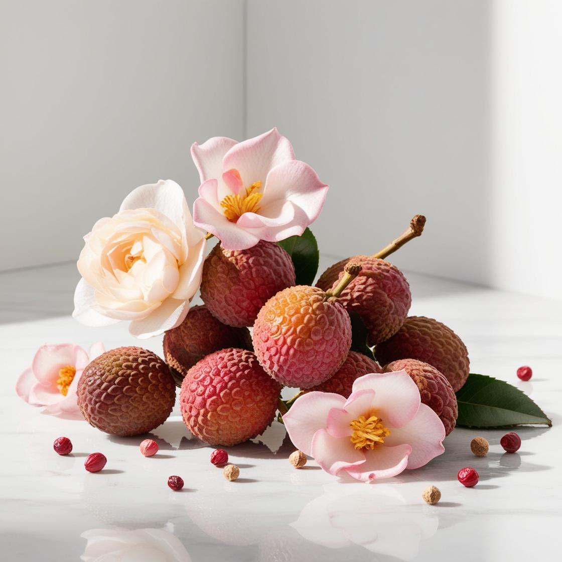 Rose, tuberose and lychee represent the olfactory notes of the perfume.