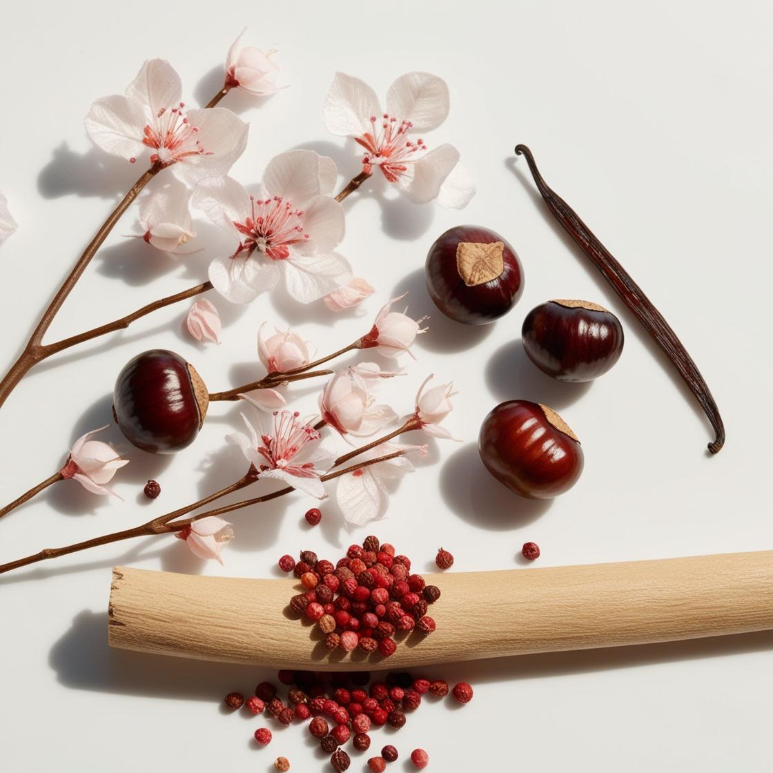 Chestnuts, pink pepper, vanilla, wood and jasmine represent the olfactory notes of the perfume.