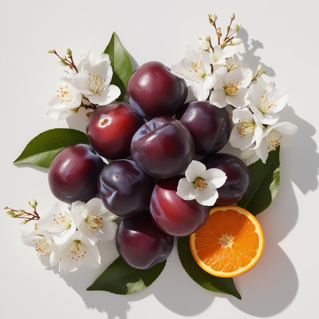 Plum and orange blossom represent the olfactory notes of the perfume.