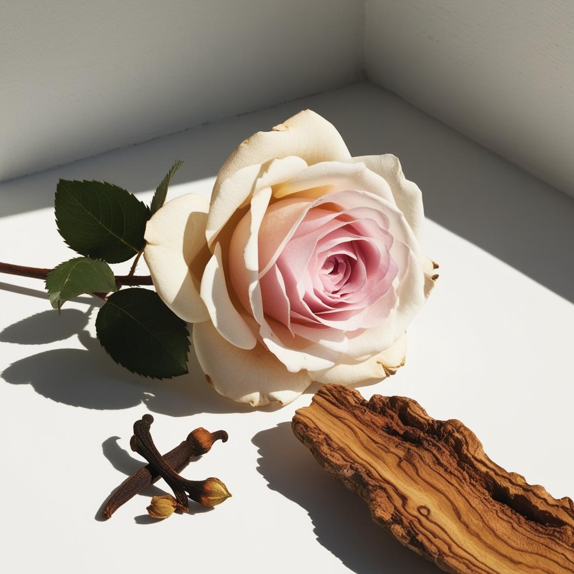 Damask rose, clove and wood represent the olfactory notes of the perfume.