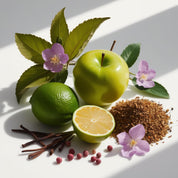 Green apple, lemon, violet and pink pepper represent the olfactory notes of the perfume.