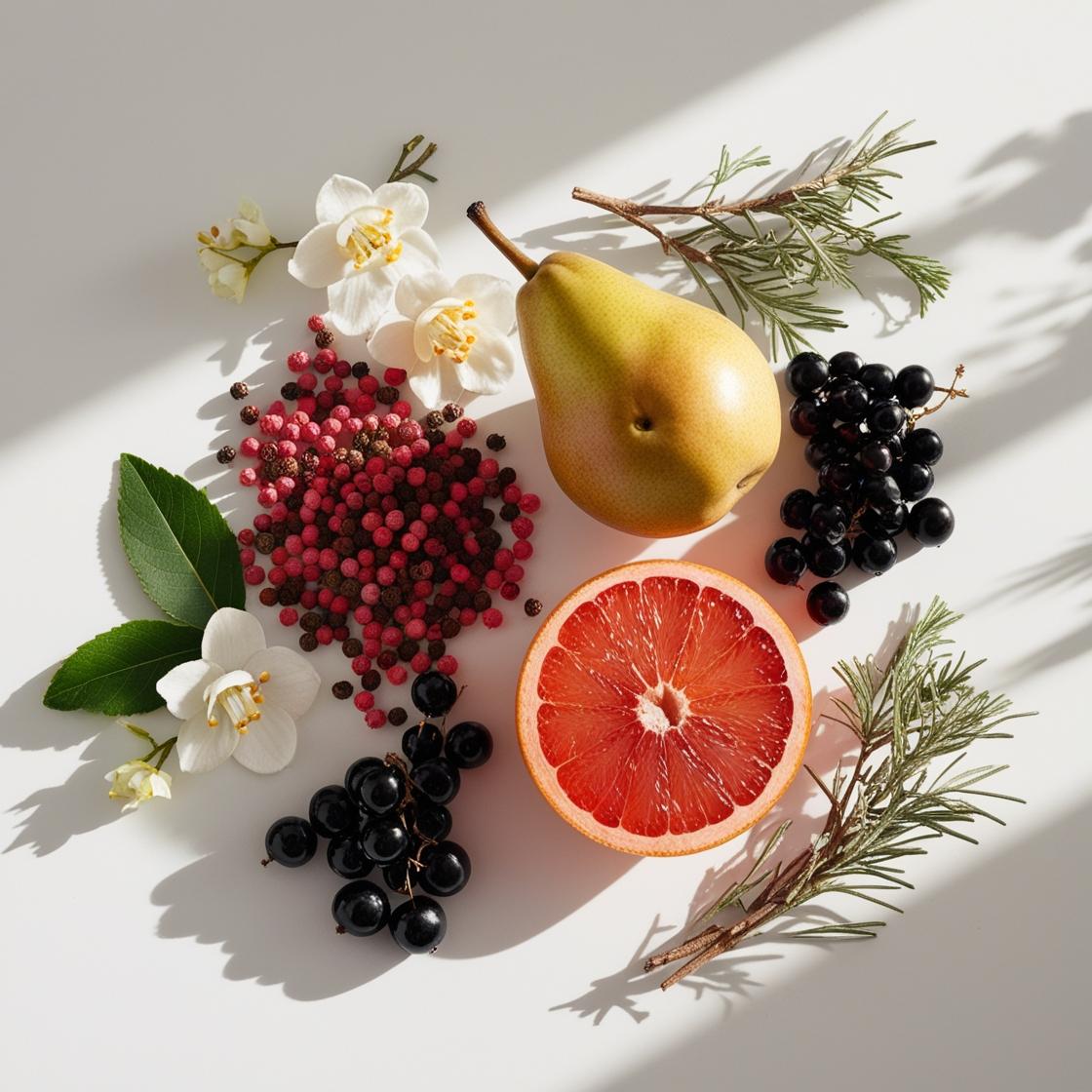 Pink pepper, grapefruit, jasmine, pear and blackcurrant represent the olfactory notes of the perfume.