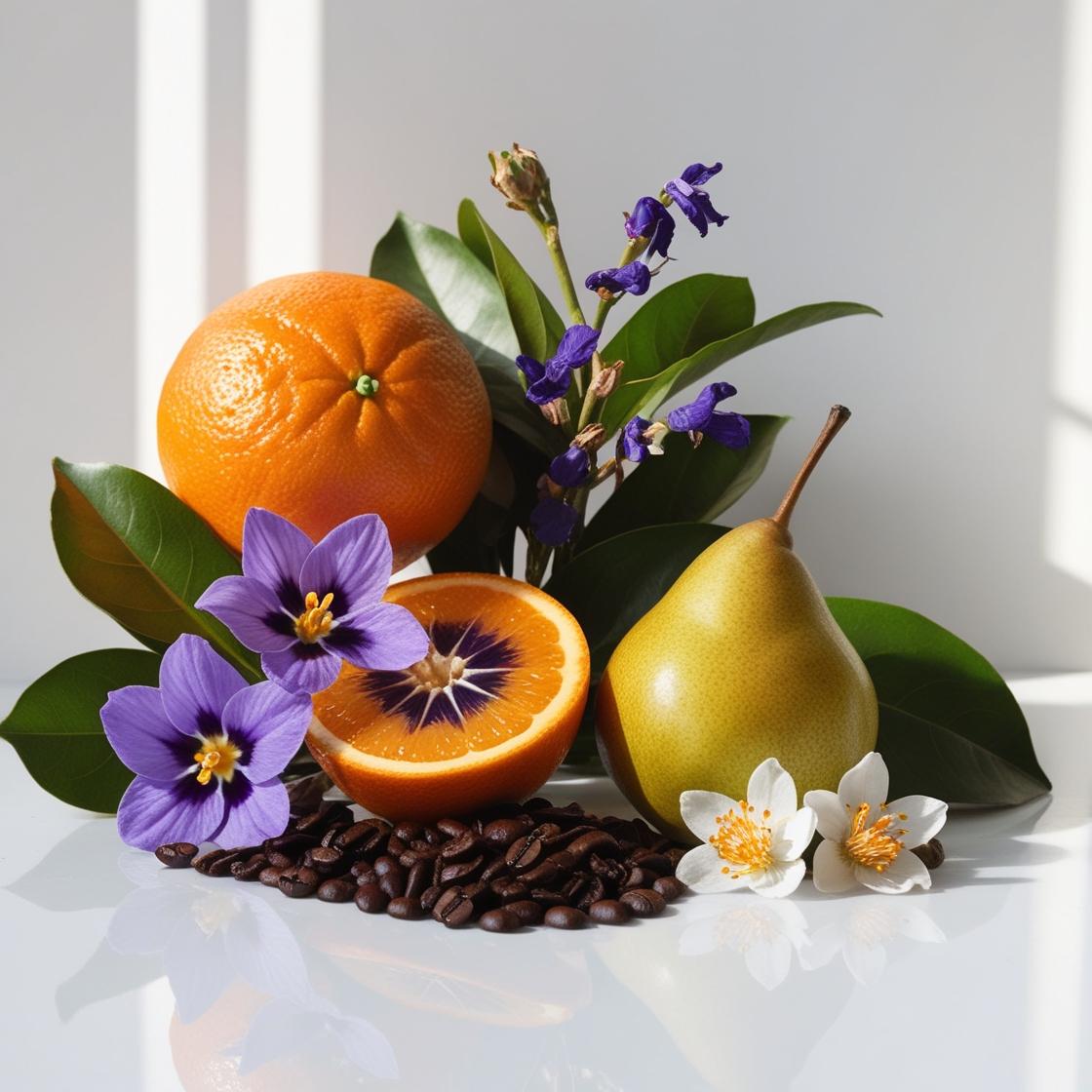 Orange, violet, pear and coffee beans represent the olfactory notes of the perfume.