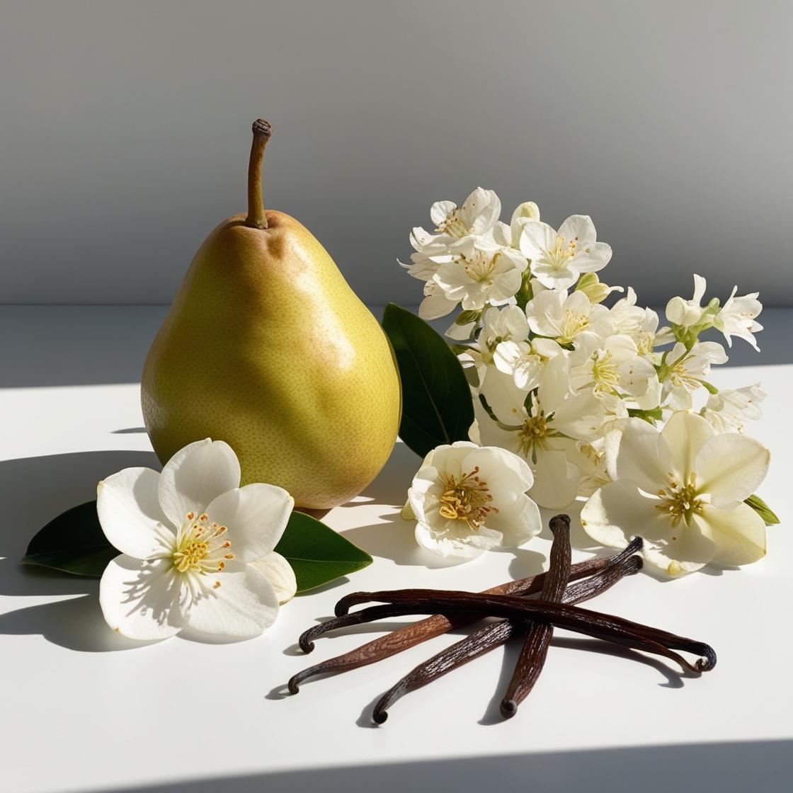 Jasmine, pear and vanilla represent the olfactory notes of the perfume.