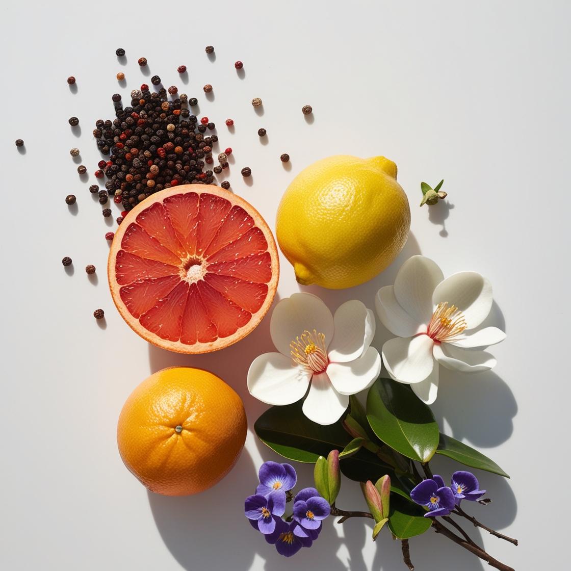 Grapefruit, violet and pepper represent the olfactory notes of the perfume.