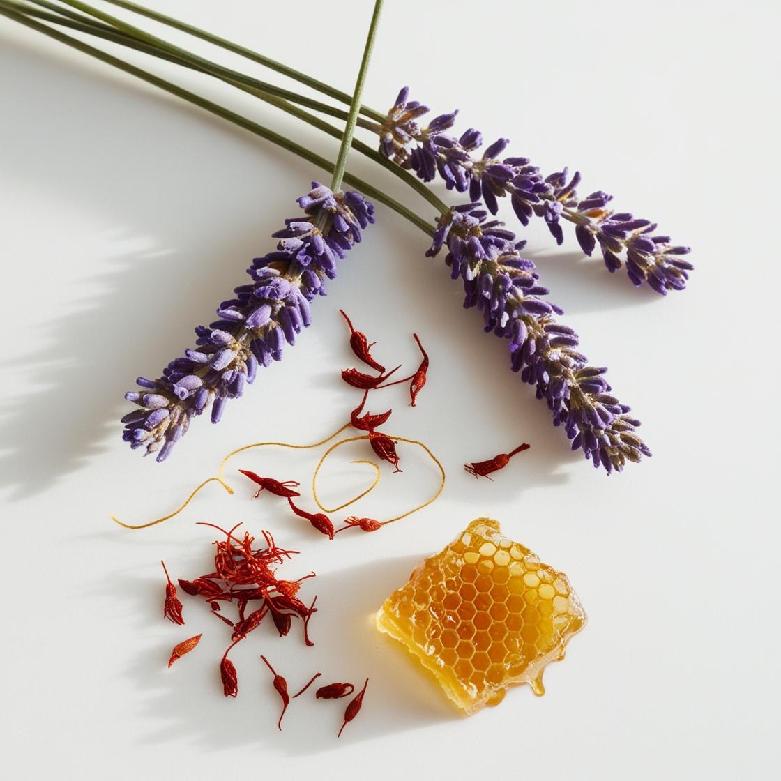 Lavender, honey and saffron represent the olfactory notes of the perfume.