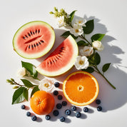 Orange, watermelon, jasmine and blueberries represent the olfactory notes of the perfume.