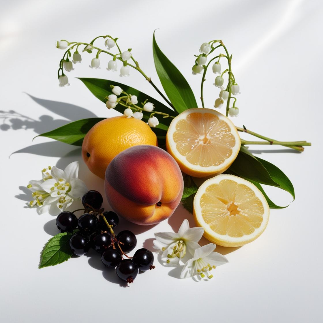 Lemon, peach, jasmine and blackcurrant represent the olfactory notes of the perfume.