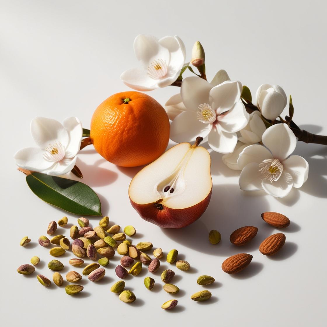 Mandarin, pear, pistachio and almond represent the olfactory notes of the perfume.