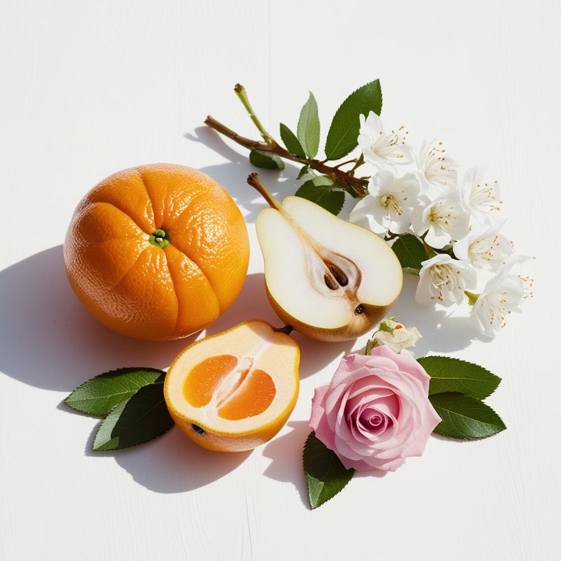 Pear, rose and jasmine represent the olfactory notes of the perfume.