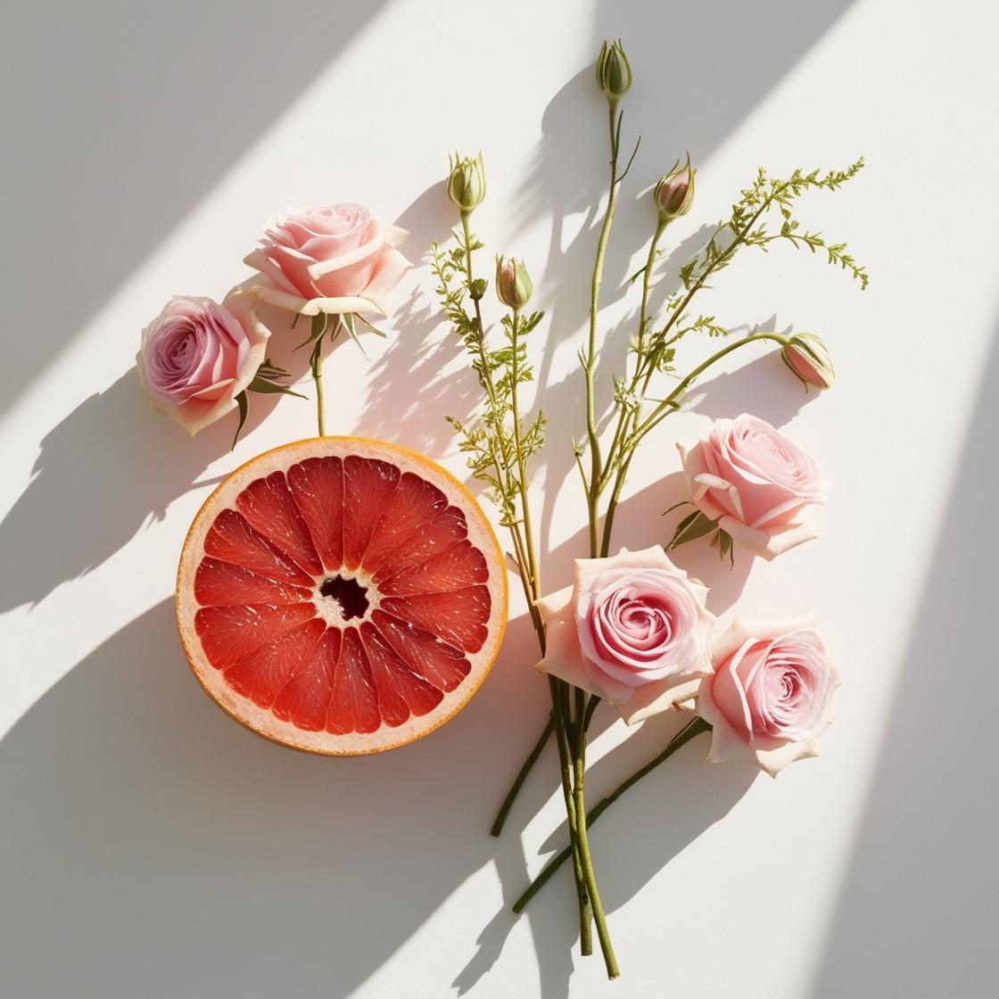 Grapefruit and roses represent the olfactory notes of the perfume.