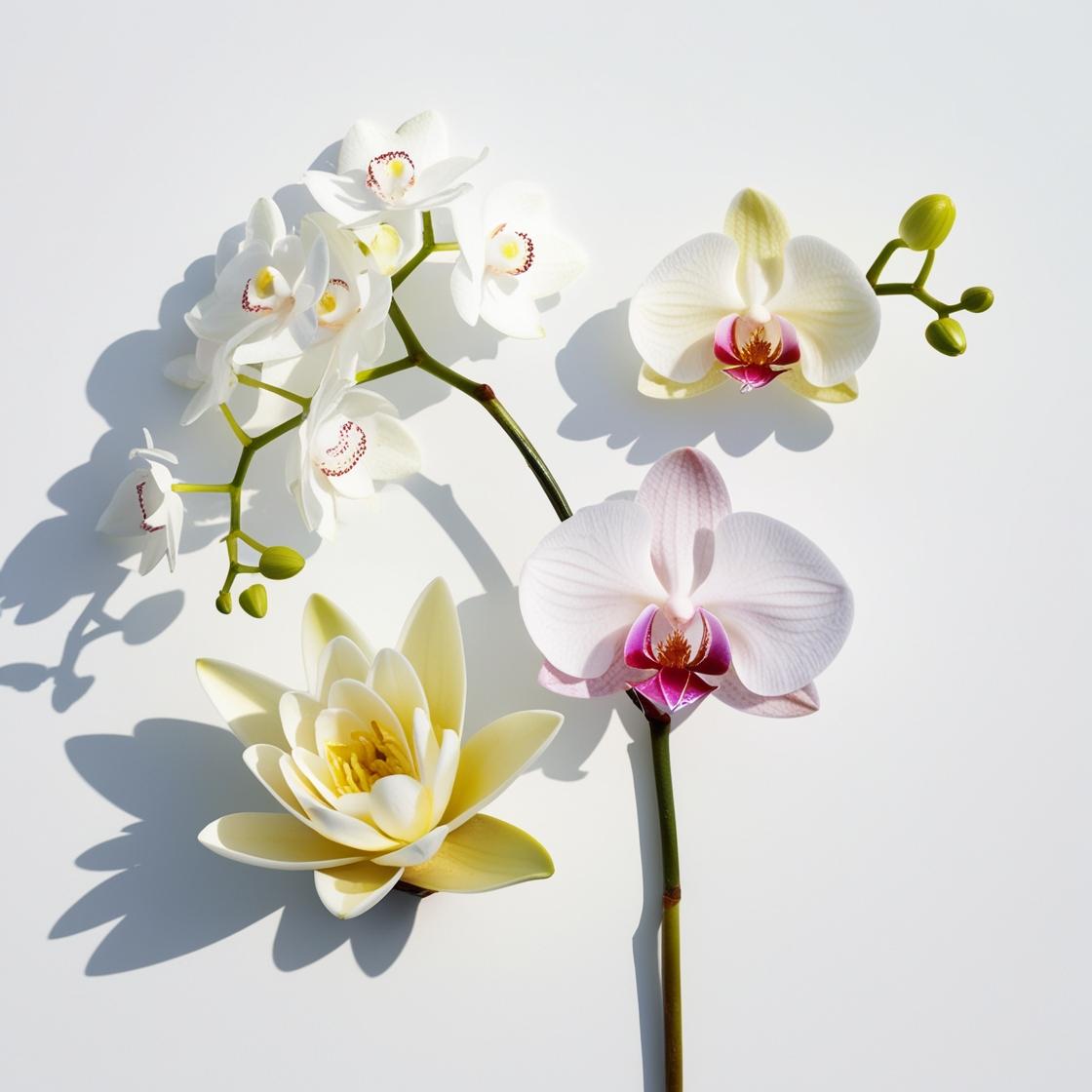 Jasmine and orchid representing the olfactory notes of the perfume.