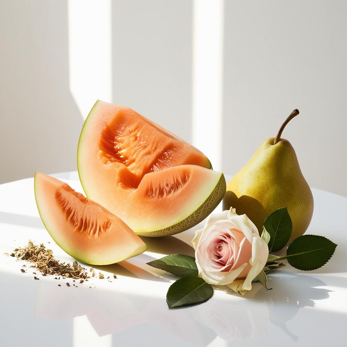 Melon, pear and rose represent the olfactory notes of the perfume.