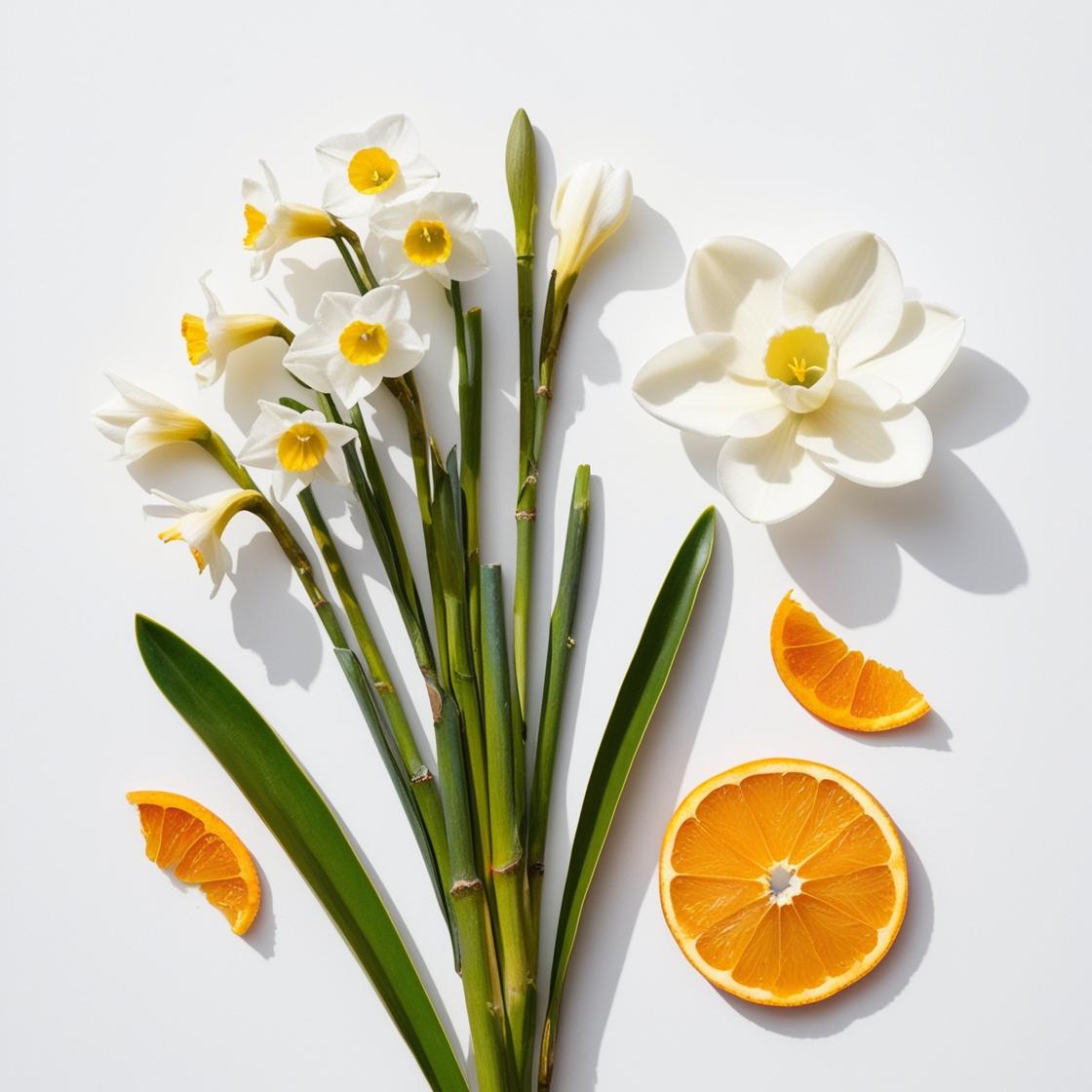 Orange peel and jasmine representing the olfactory notes of the perfume.