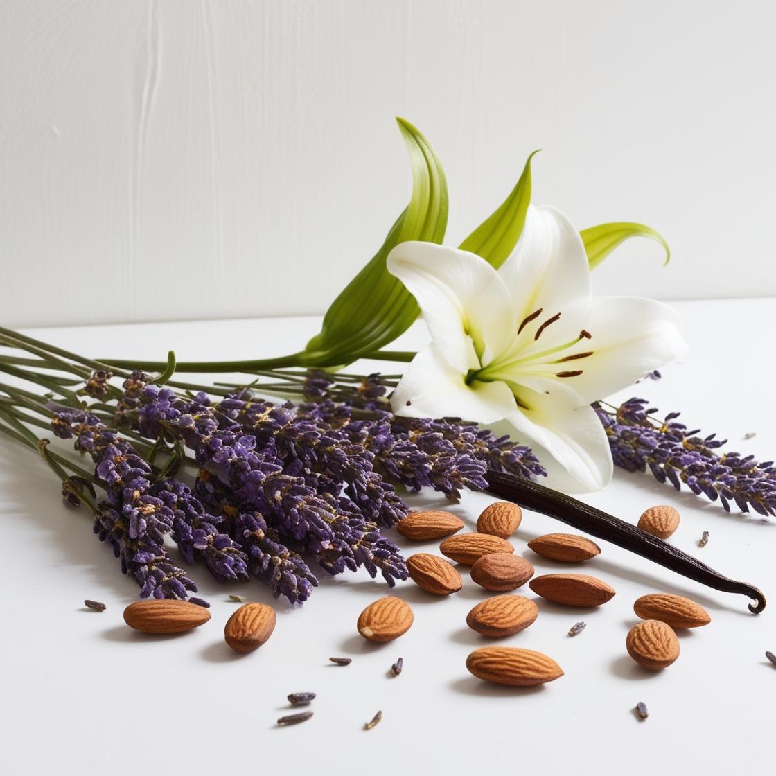 Lavender, lily, vanilla and almond represent the olfactory notes of the perfume.