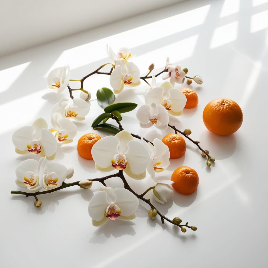 Mandarin and orange blossom representing the olfactory notes of the perfume.