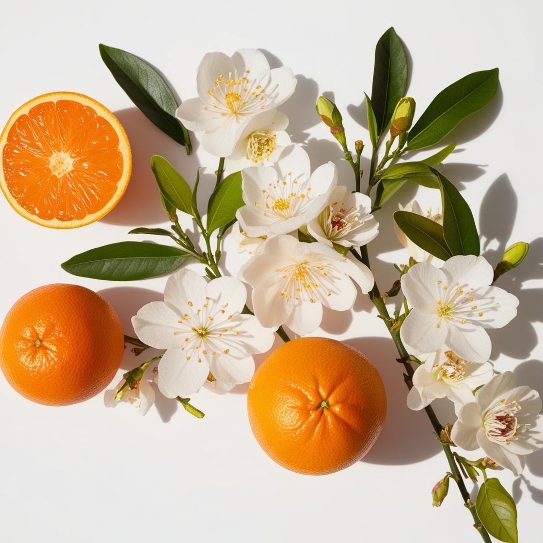 Jasmine and orange represent the olfactory notes of the perfume.