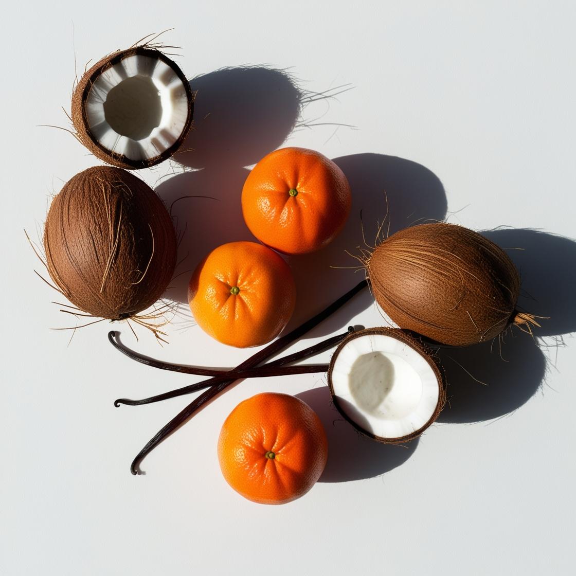 Coconut, mandarin and vanilla represent the olfactory notes of the perfume.