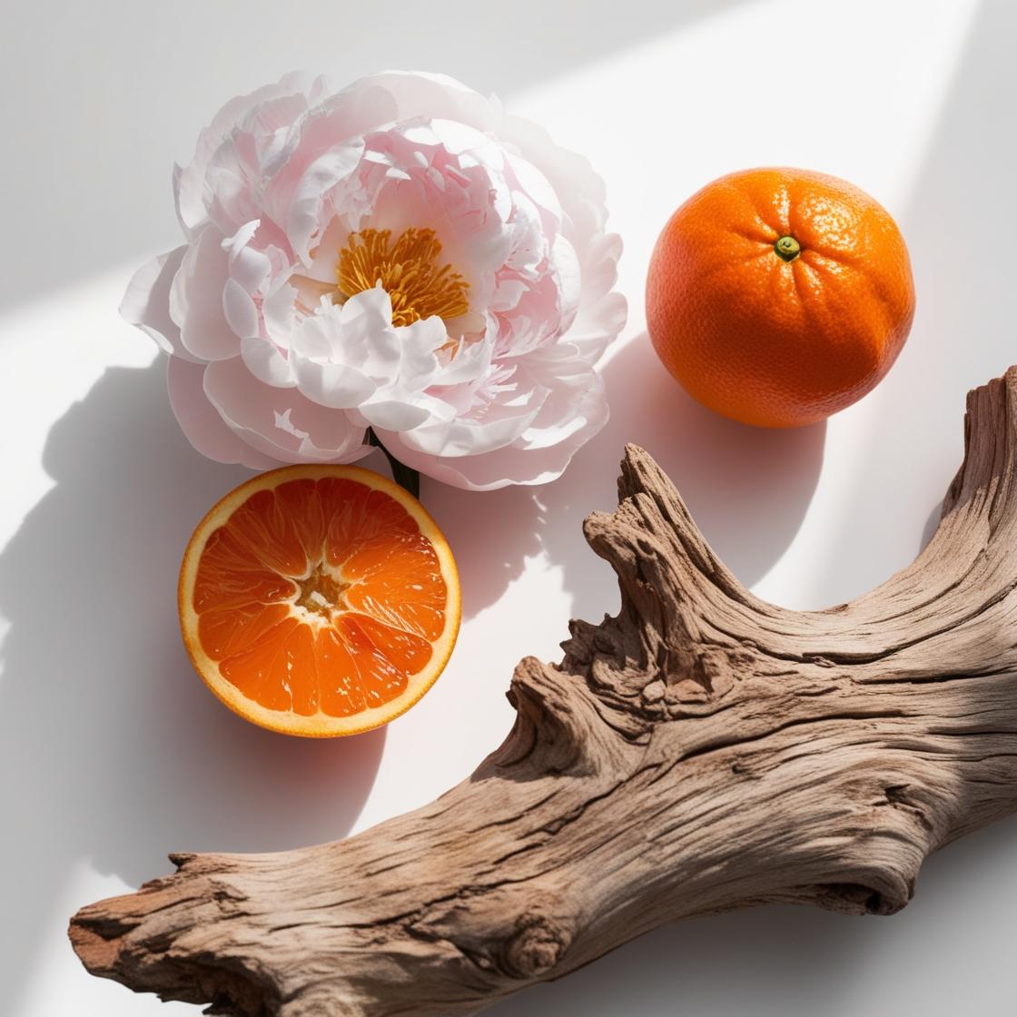 Mandarin, peony flower and wood represent the olfactory notes of the perfume.