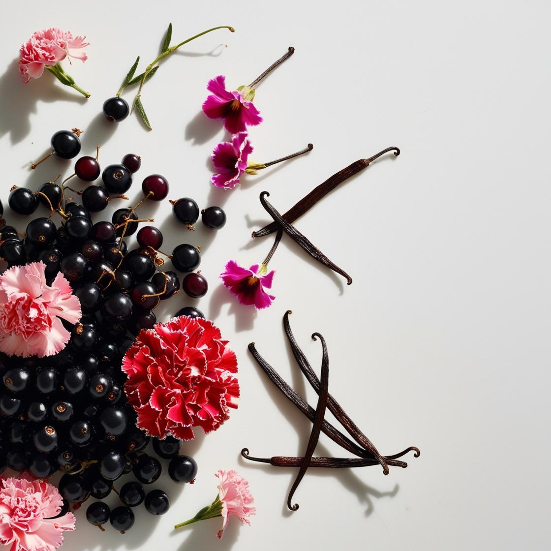 Rose, carnation, vanilla and blackcurrant represent the olfactory notes of the perfume.