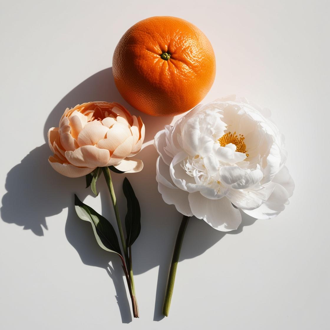 Orange and peony represent the olfactory notes of the perfume.