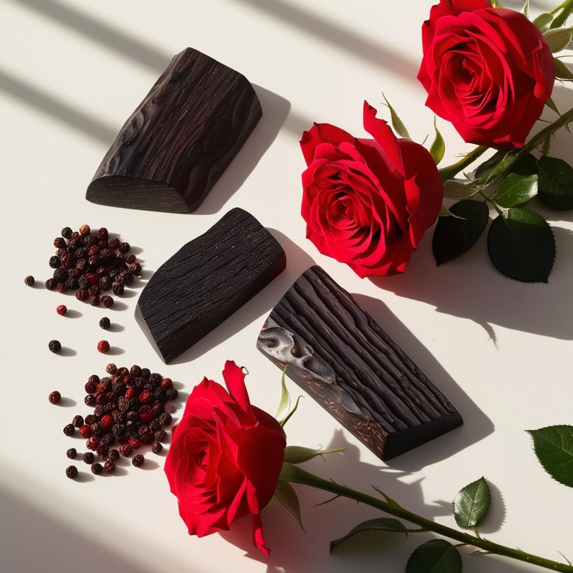 Roses, black wood and black pepper represent the olfactory notes of the perfume.