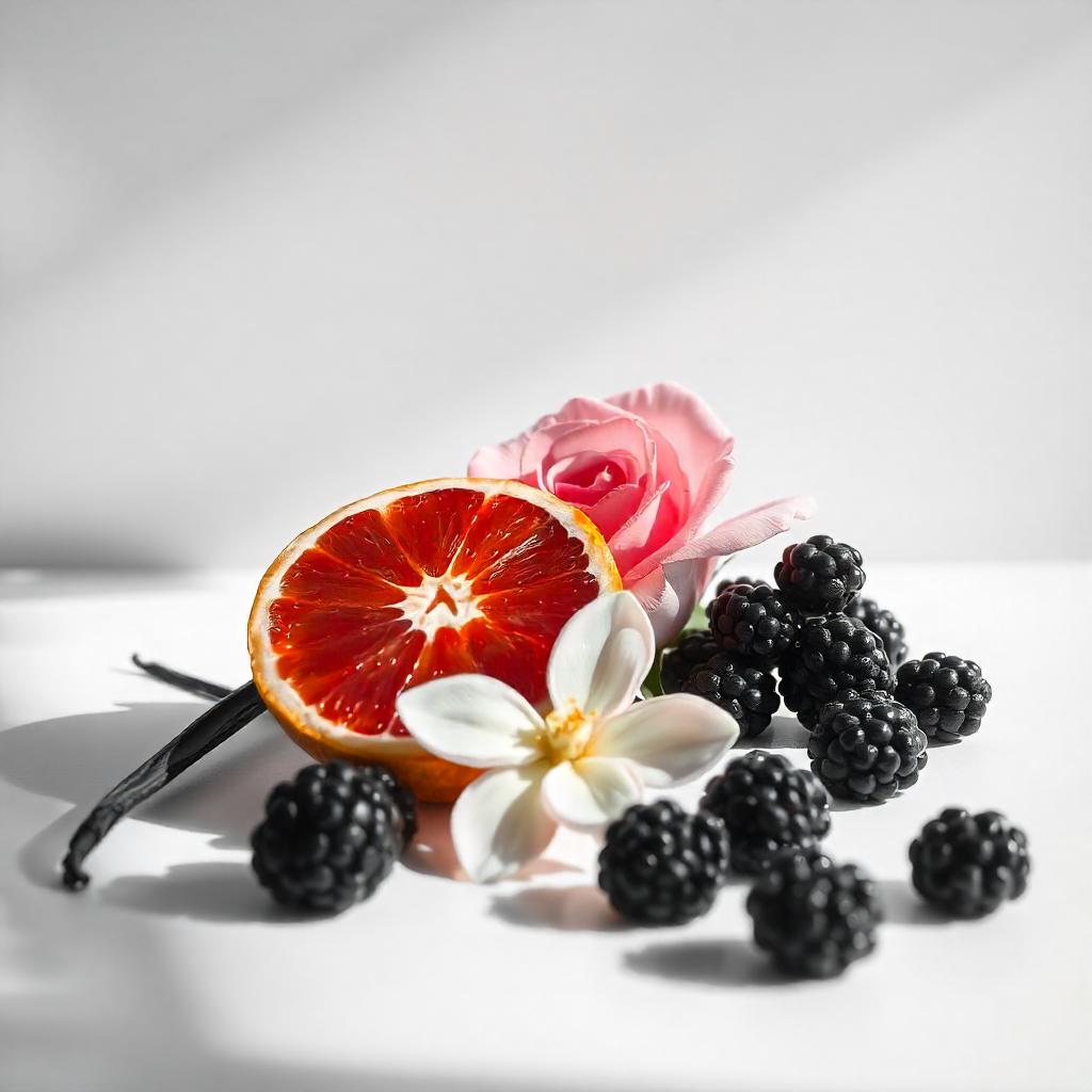 Orange, rose and blackberry represent the olfactory notes of the perfume.