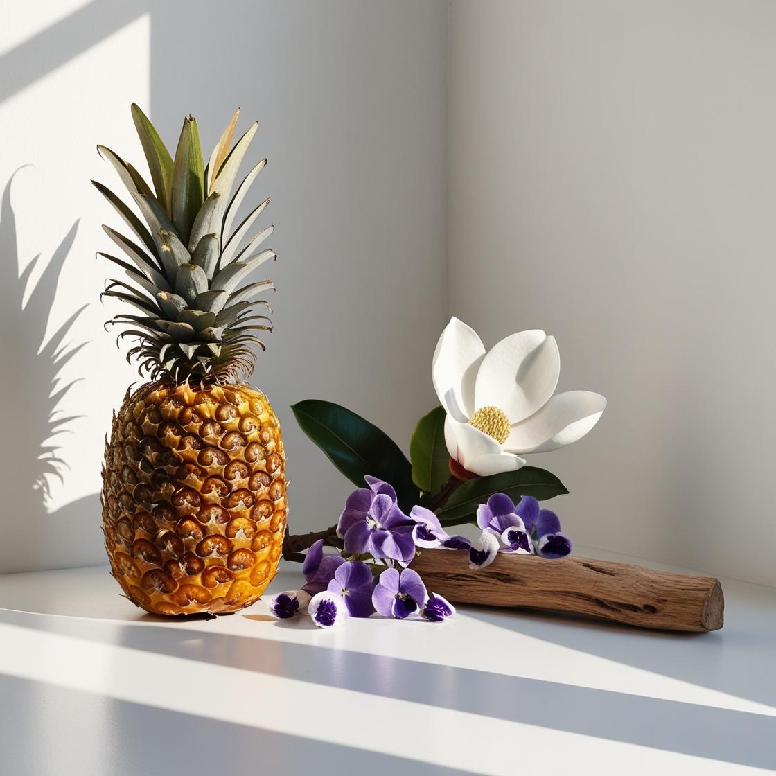 Pineapple, jasmine, violet and wood represent the olfactory notes of the perfume.