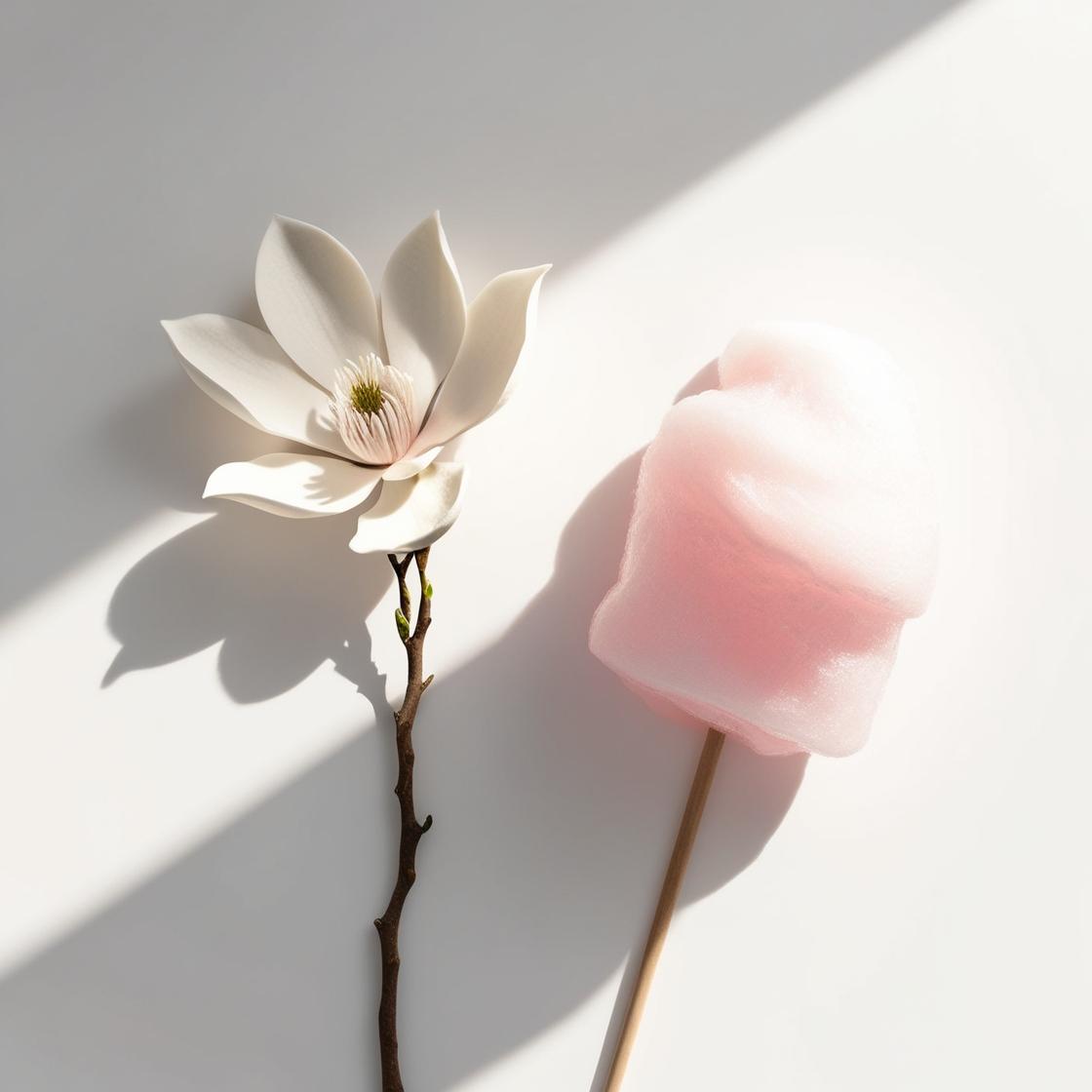 Magnolia flower and cotton candy representing the olfactory notes of the perfume.