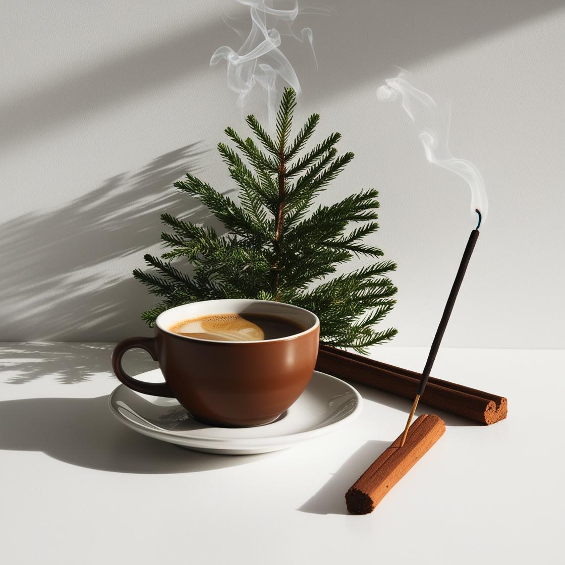 Coffee, incense and fir representing the olfactory notes of the perfume.